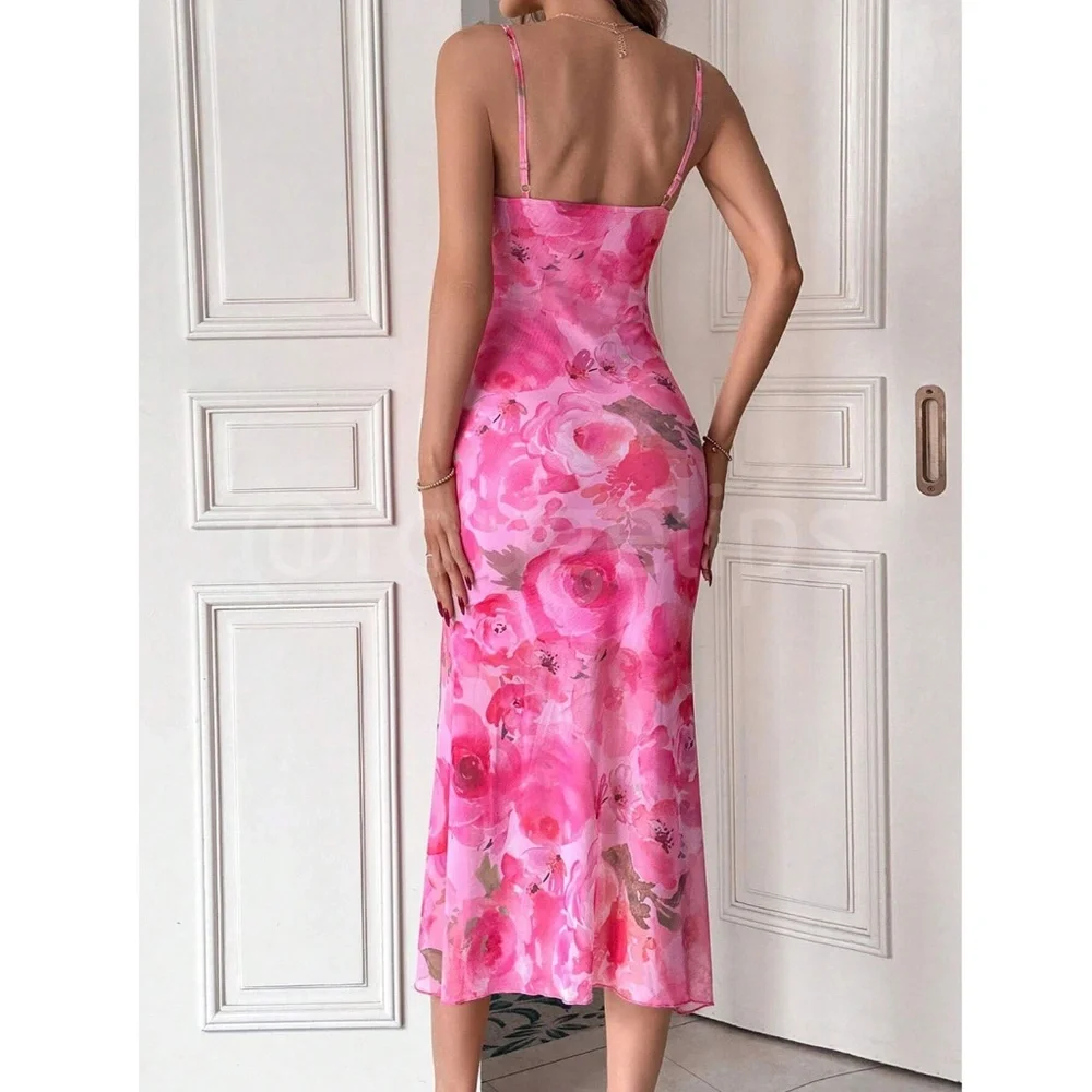 Pink Floral Rose Mesh Midi Dress Cami, Spaghetti Straps Lined, Stretchy - Picture 4 of 9